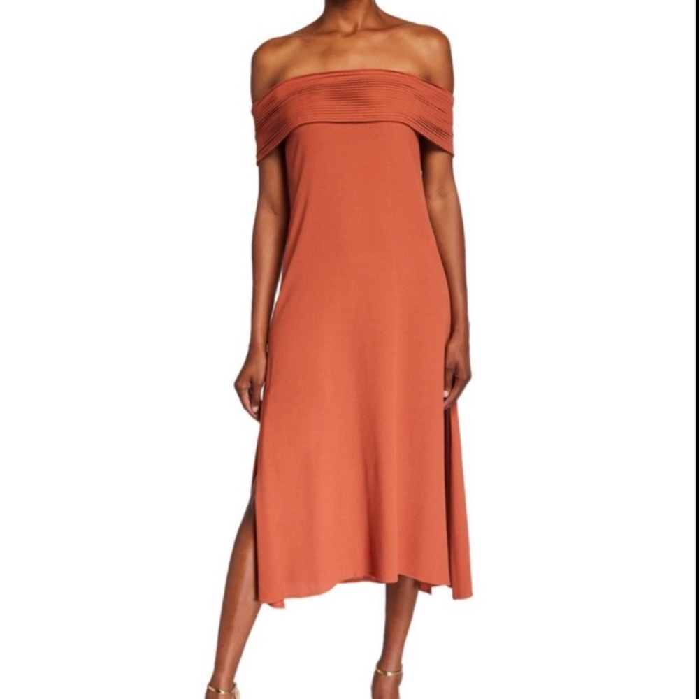 Sanica Mariana pleated off the shoulder midi dress size S EUC